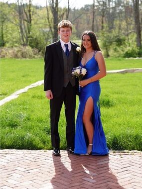Vera Wang Royal Blue Satin Prom Dress with High Slit